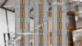 Animation of statistics processing and packages on belt conveyor roller over shelves in warehouse. global shipping and connections concept digitally generated video. - Powered by Shutterstock - Get 15% off with code: PIKWIZARD15
