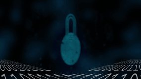 Animation of padlock and data processing over dark background. global internet security, digital interface and connections concept digitally generated video.