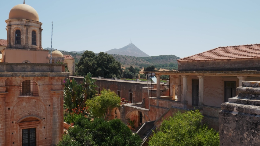 overview of medieval mediterranean greek building in Greek Orthodox monastery Agia Triada Holy Trinity, Crete Greece