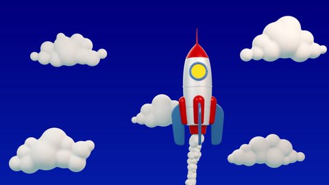 Cartoon 3d rocket flies up in the sky among the clouds. Startup rocket - 3d looped animation.