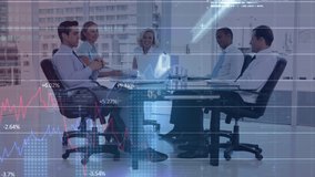 Animation of financial data processing over business people during meeting in office. global business, finances, connections and digital interface concept digitally generated video. - Powered by Shutterstock - Get 15% off with code: PIKWIZARD15