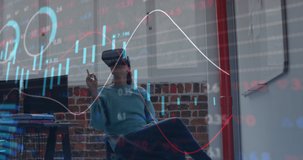 Animation of financial data processing over businesswoman wearing vr headset in office. global business, finances, connections and digital interface concept digitally generated video.