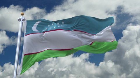 looping flag of Uzbekistan with flagpole waving in wind,timelapse rolling clouds background.A fully digital rendering. 