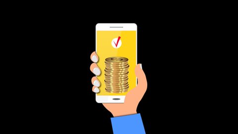 A hand with a smartphone and dollar coins. Animation on a transparent background.