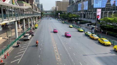 Bangkok, Thailand - April 6, 2020: Almost empty road at the Ratchadamri Rd, Lumphini in Bangkok during covid 19 lockdown. This place is next to Centralworld, Big C and Pratunam market. 