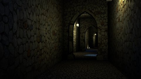 inside medieval castle at night. endless stone corridor with prison doors. 3d rendering. Seamless Loop.