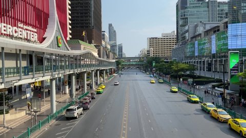 Bangkok, Thailand - April 29, 2021: An empty CentralWorld Skywalk and Ratchaprasong Skywalk in Bangkok. This skywalk connects Pratunam and centralworld but is empty because of the covid 19 restriction