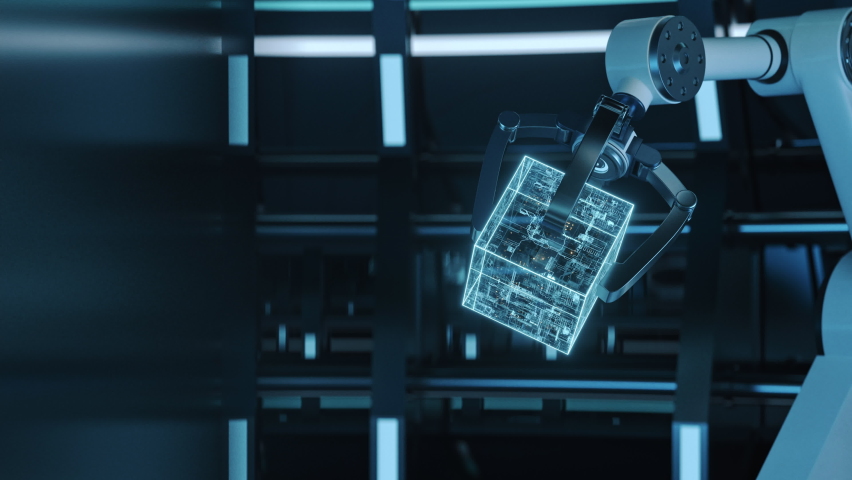 Mechanical arm and cube in a futuristic room, 3d rendering. | Shutterstock HD Video #1078425959