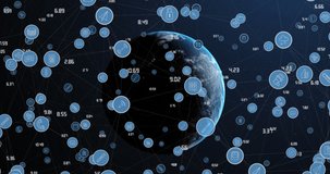 Animation of network of connections with icons over globe. social media and communication interface concept digitally generated video.
