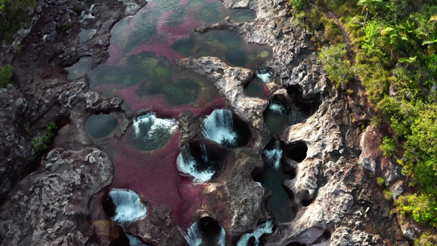 Caño Cristales Colombia beautifull waterfall drone view