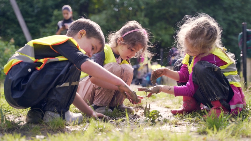 forest kindergarten. Happy Preschool group of children play in the swamp in park or forest. Outdoors small child have fun playing with mud in a woods. Hike. Scandinavian. curious, leisure in nature Royalty-Free Stock Footage #1078450097