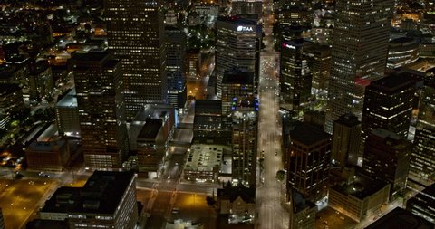 Denver Colorado Aerial v6 birdseye view of downtown cityscape at night - DJI Inspire 2, X7, 6k - August 2020
