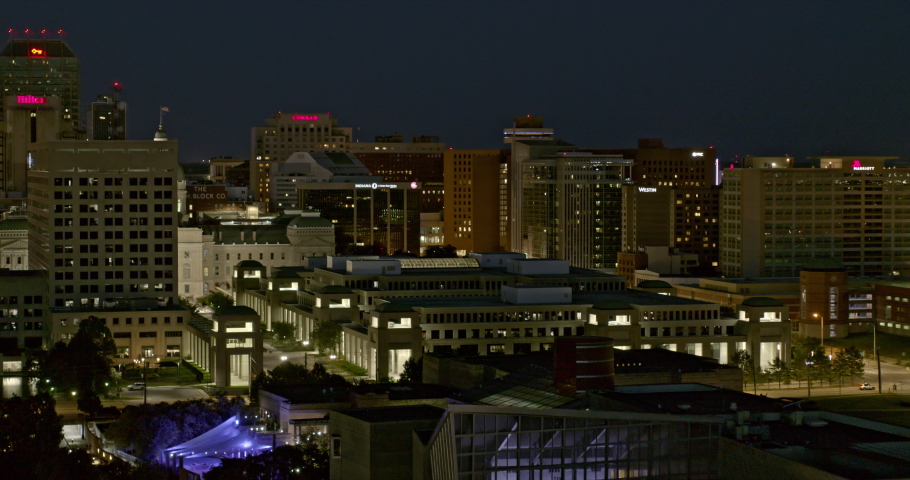 Indianapolis Indiana night time panning aerial view of downtown to the Capitol Building - smooth 6k professional footage - August 2020