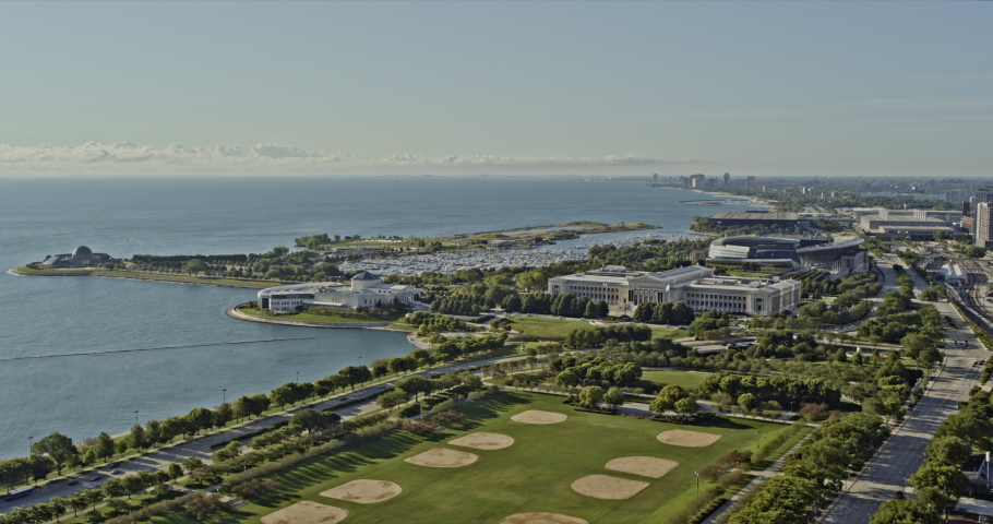 Chicago Illinois beautiful aerial footage over Grant Park Panning towards the South Loop Cityscape - 6k professional footage - August 2020