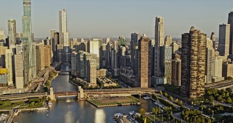 Chicago Illinois low level fly past over the Streeterville Downtown areas at sunrise - 6k professional footage - August 2020