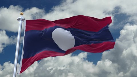 looping flag of laos with flagpole waving in wind,timelapse rolling clouds background.A fully digital rendering. 