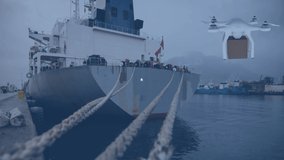 Animation of networks of connections and digital drone over shipyard. global social media, connections and digital interface concept digitally generated video.