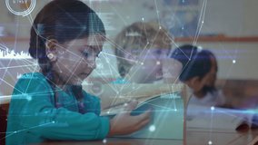 Animation of networks of connections over schoolchildren in classroom. global education, digital interface and connections concept digitally generated video.