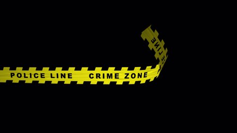 Police Line Crime Zone. Rolling in and out loopable waving yellow warning tape. 4K 3D animation with alpha channel transparency.