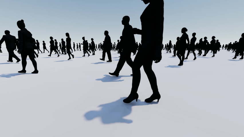Group of silhouette people walking on white, Businessman crowd moving forward in black shape,3d Animation rendering.