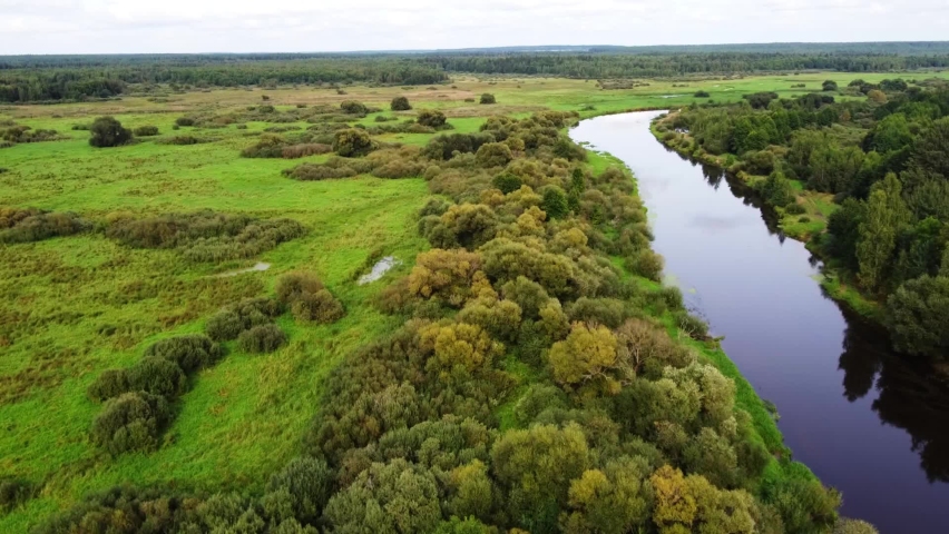 flights over the river and forest in autumn
