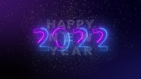 top ten countdown neon light glowing numbers from 10 to 1 seconds and fireworks HAPPY NEW YEAR 2022. Purple and blue Neon Countdown on dark background. Running dynamic light  Numbers animated intros