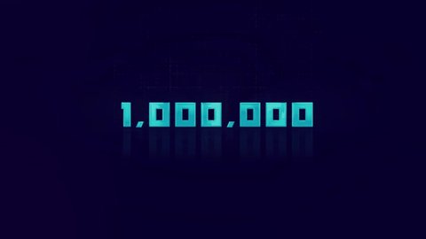 Animation of retro ONE MILLION number glitching on blue background. Old tv glitch interference screen. 1000000 subscribers. 4K Video motion graphic animation.
