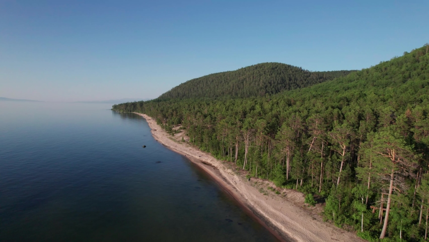 Summer evening aerial landscape of Lake Baikal is a rift lake located in southern Siberia, Russia Baikal lake summer landscape view. Drone