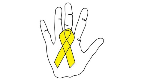 continuous line Hand holding a yellow ribbon to support people living and sick September Suicide Prevention Day Pediatric Cancer Awareness Month and the concept of world cancer day
