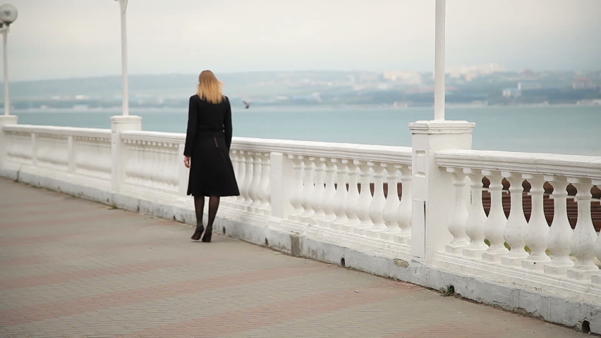 A girl in a black dress walks along the balustrade on the waterfront