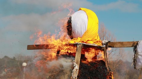 4K Belarus Burning Effigies Straw Maslenitsa In Fire Flame On Traditional National Holiday Dedicated To Approach Of Spring - Slavic Celebration Shrovetide.