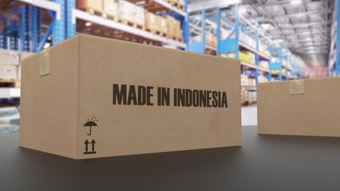 Boxes with MADE IN INDONESIA text on conveyor. Israeli goods related loopable 3D animation