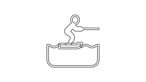 Black line Water skiing man icon isolated on white background. 4K Video motion graphic animation.