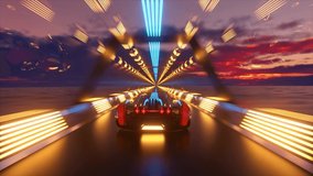 The car rushes at high speed through an endless neon technology tunnel. Futuristic concept. 3d Animation of seamless loop