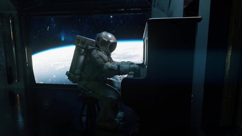 Astranaut in a spacesuit plays the piano in a spaceship overlooking the planet earth. Space and music concept. 3d animation