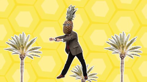 Stop motion design or art 2D animation. Dancing businessman with pineapple head. Fashion dance with color background. Funny man. Modern, conceptual, contemporary bright 4k collage. Summer time concept