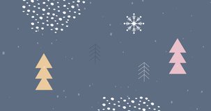 Animation of snow falling over christmas trees and decorations. christmas, tradition and celebration concept digitally generated video.