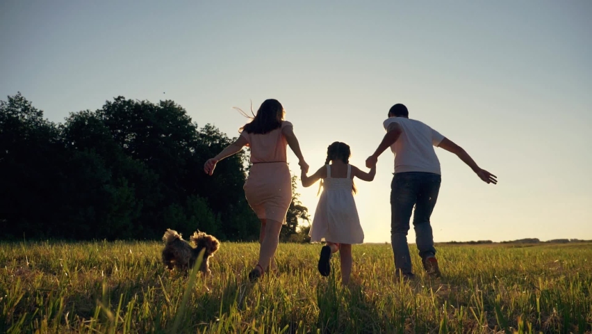 Happy family in park at sunset with pet. family has fun with child. Parents hold child by hands. Helping hand of parents. Walking happy family with pet in park at sunset. Happy family with dog Royalty-Free Stock Footage #1078493219
