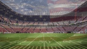 Animation of flag of usa waving over american football pitch and sports stadium. american patriotism and sports concept digitally generated video.
