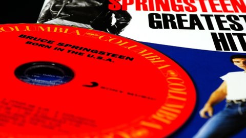 Rome, 20 August 2021: covers and CD by American singer-songwriter and guitarist BRUCE SPRINGSTEEN. Known as "The Boss", he is one of the best known and most representative artists of rock music