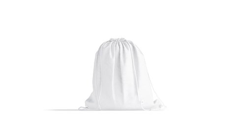 Blank white drawstring backpack mockup, looped rotation, 4k video, 3d rendering. Empty canvas sport knapsack with rope mock up, isolated. Clear gum cotton bag or handbag template.