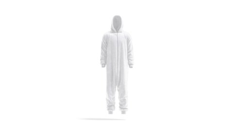 Blank white plush jumpsuit with hood mockup, looped rotation, 3d rendering. Empty rotating nightwear costume mock up, isolated. Clear kigurumi overall or hooded loungewear template.