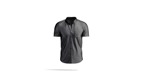 Blank black short sleeve button down shirt mockup, looped rotation, 3d rendering. Empty casual poloshirt with pocket mock up, isolated. Clear cycled slim blouse for male outfit template.