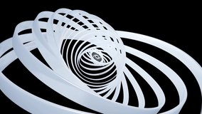 3D stylish abstract white background with rings or circles twisting in concentric structure. Rings turning pattern like helix or spiral in 4k. Pearl material. Isolated on black