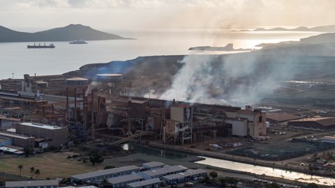 Noumea , New Caledonia , France - 08 18 2021: Société Le Nickel factory pollutes air while refining nickel.