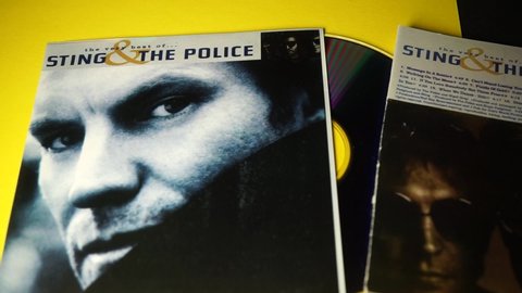 Rome, Italy - August 26, 2021, detail of The Very Best of ... Sting e The Police, collection containing the hits of the British singer Sting and his ex-group The Police.