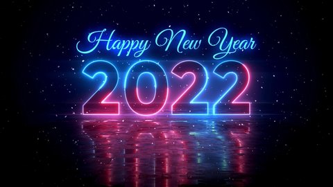 Sweet Motion Red And Blue Glowing Neon Light Happy New Year 2022 Lettering With Floor Reflection Amid The Falling Snow On Dark Background, Last 10 Seconds Seamless Loop