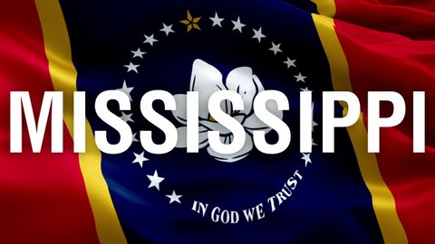 Mississippi text on flag. National 3d United States flag waving. New Mississippi flag seamless loop animation. American US State  HD resolution Background. ‎Jackson Mississippi flag closeup 1080p Full