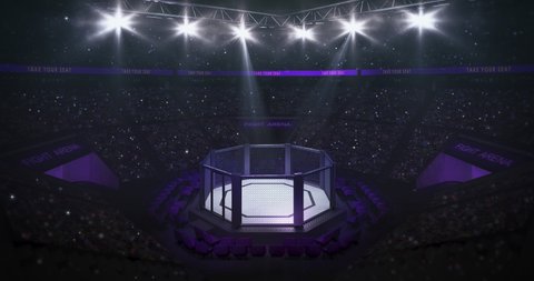 Fighting cage from upper view. Animation of sport arena with fans and spotlights light up. Indoor 4k video background.