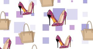 Animation of handbags and shoes icons on white background. fashion and accessories background pattern concept digitally generated video.